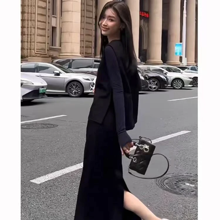 网红爆款休闲欧货2025新款洋气新国风时尚黑色套装秋冬女装中长款