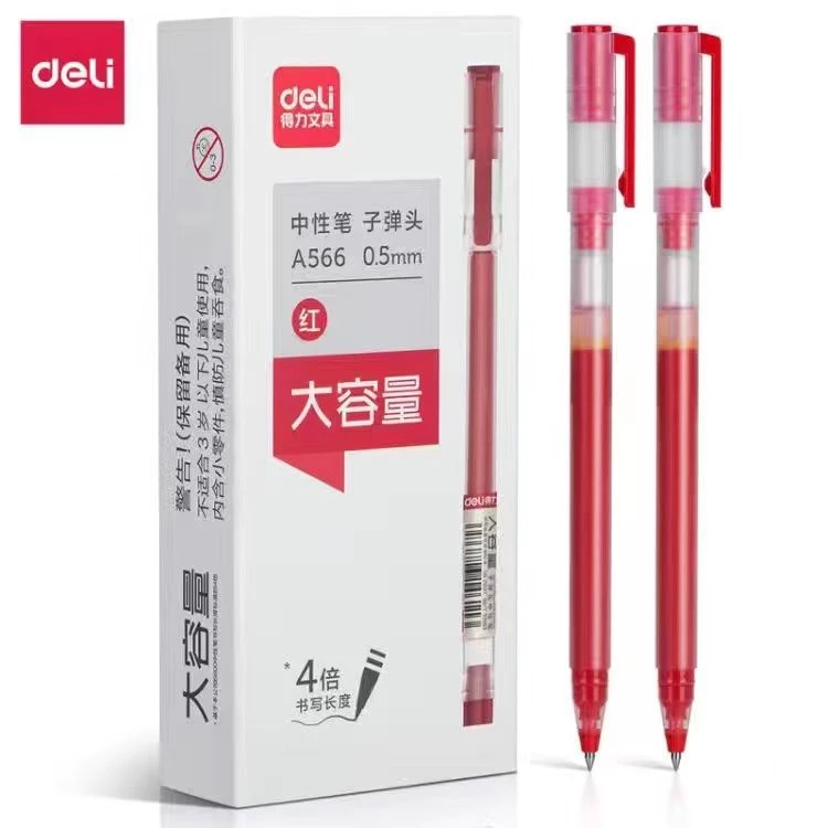 得力巨能写红色大容量中性笔透明子弹头教师办公批改红色圆珠笔