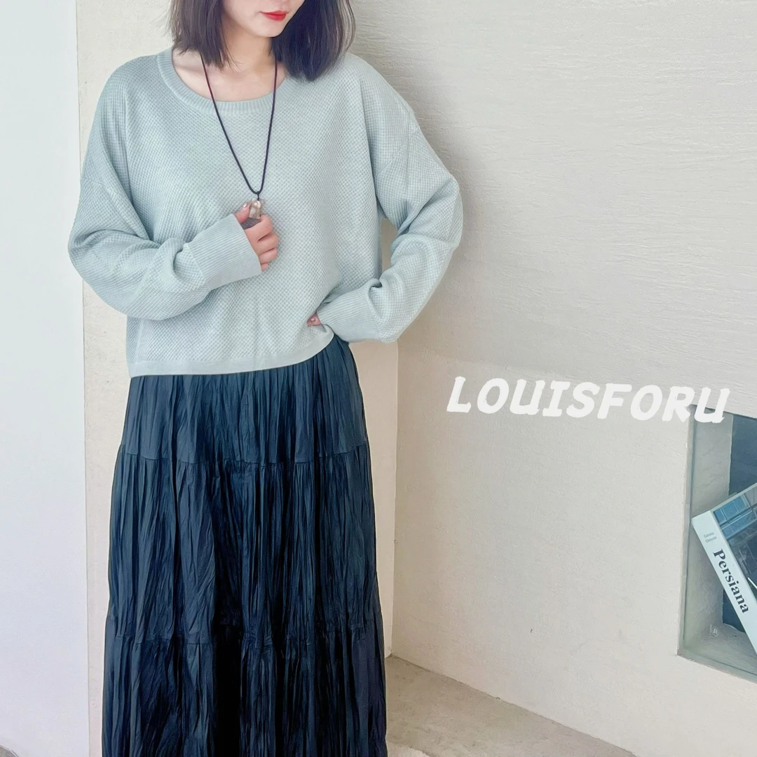 LOUISFORIU 秋冬百搭纯色韩版宽松慵懒风短款圆领针织羊毛衫