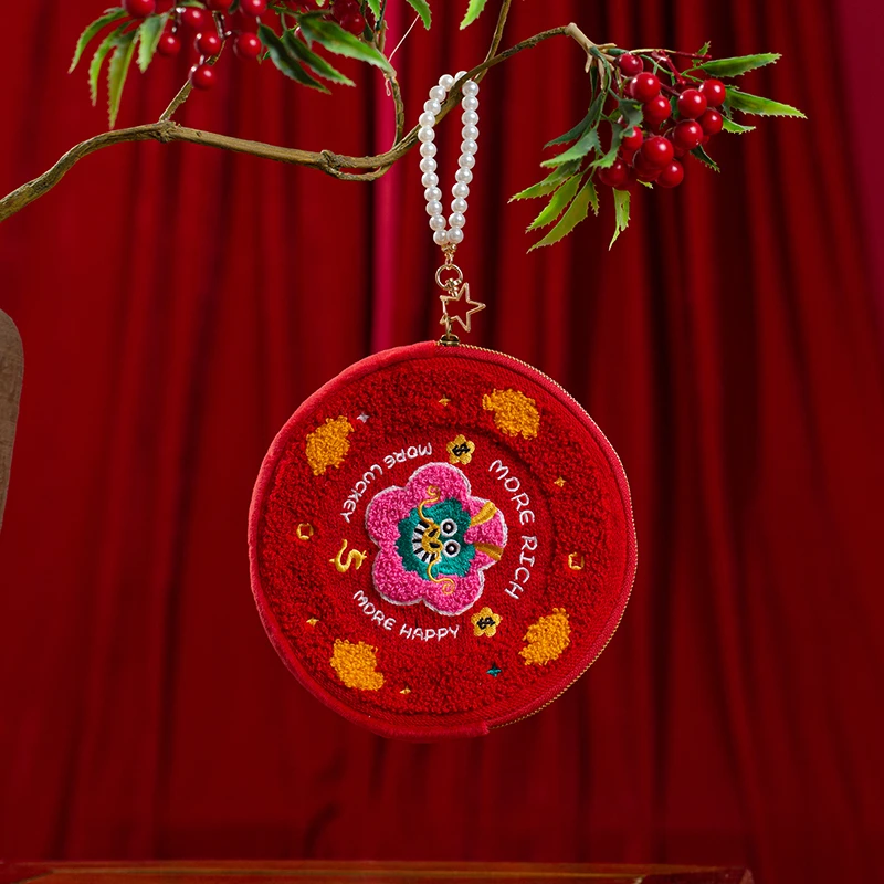 国风原创设计重工刺绣圆饼珍珠拉链收纳包零钱包新年麻将包