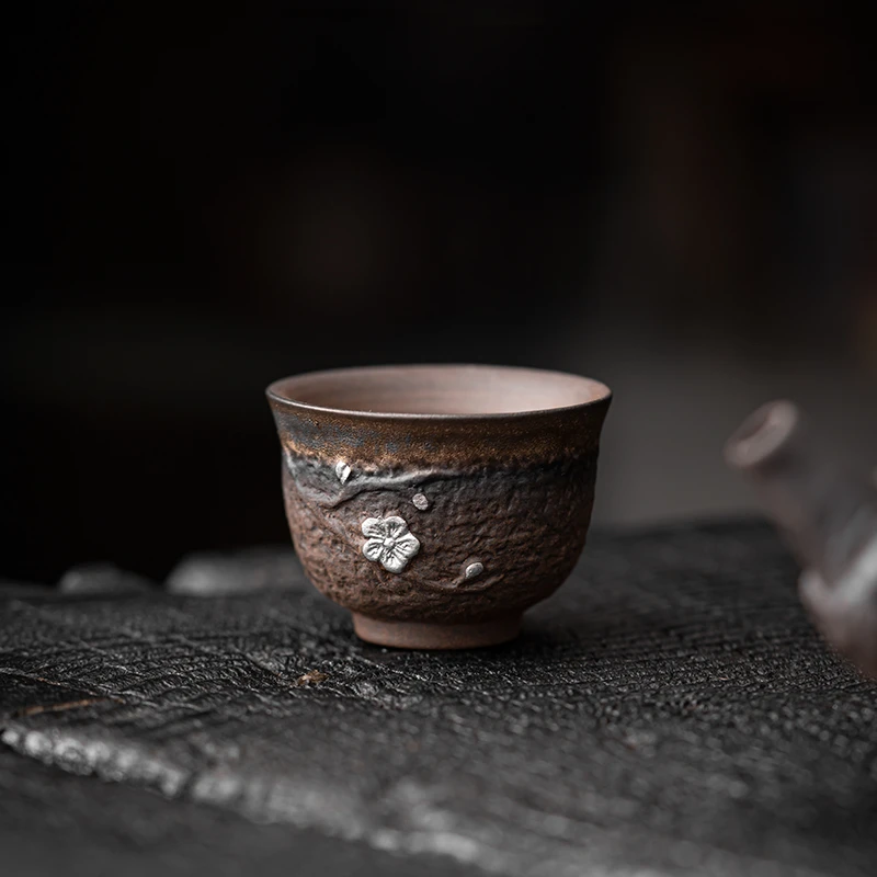 粗陶主人杯家用中式复古小号创意铁锈釉梅花泡茶专用纯手工品茗杯