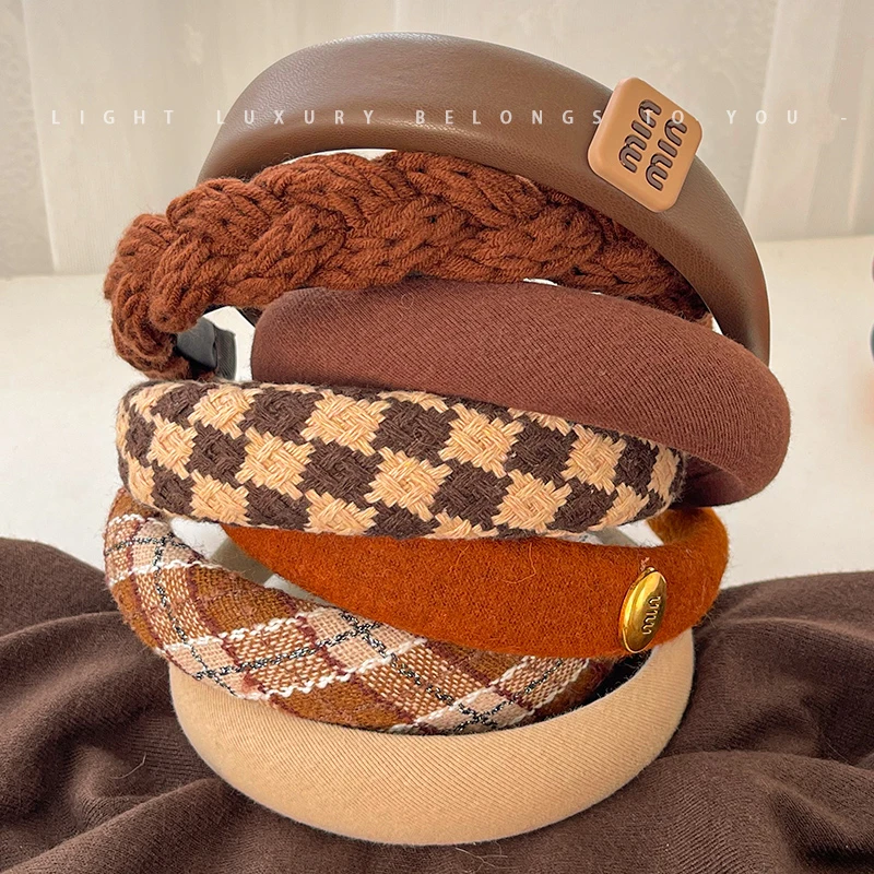高颅顶发箍女秋冬宽边法式洗脸头箍美拉德复古发饰奶咖色百搭发旅