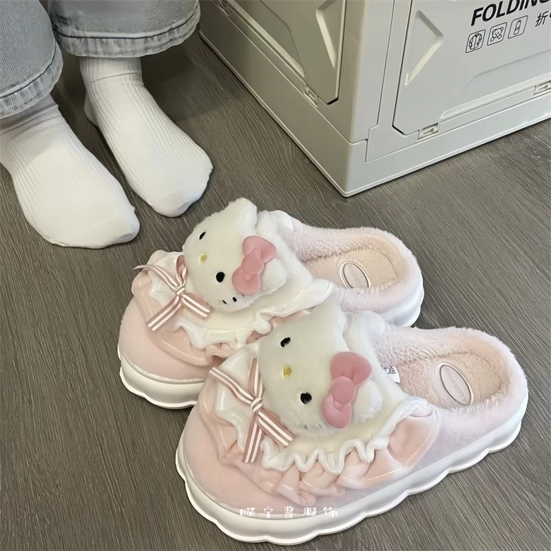 软萌Kitty棉拖鞋可爱花边少女心居家防滑保暖新款秋冬季包头拖鞋