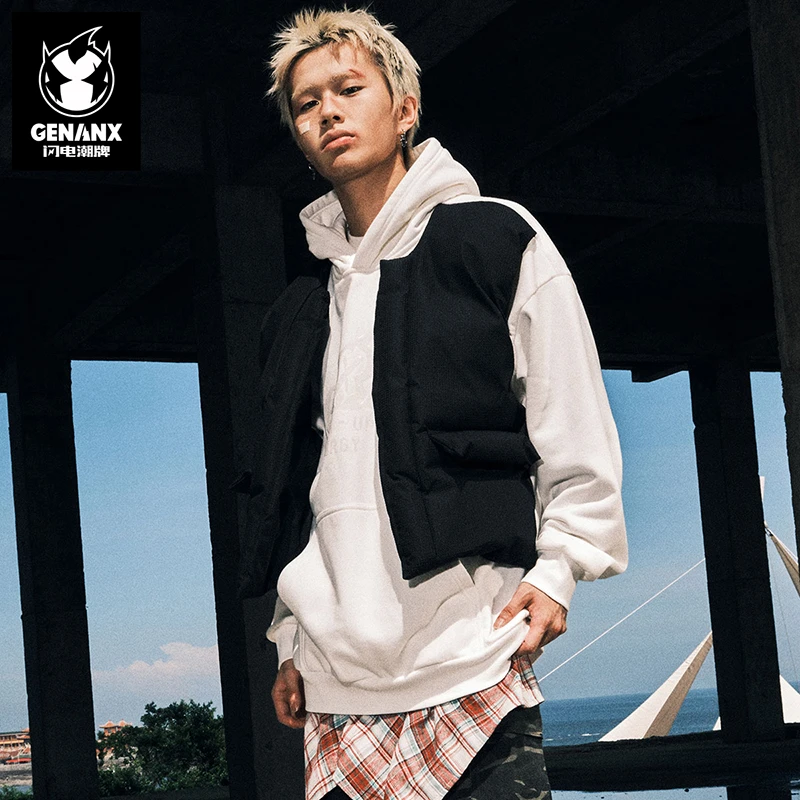 GENANX闪电潮牌秋季新品重磅加绒假两件马甲连帽情侣卫衣男
