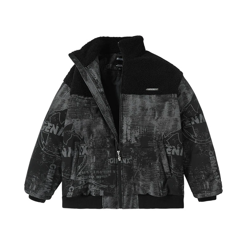 GENANX闪电潮牌秋冬保暖国潮棉衣男黑灰撞色落肩宽松棉服外套