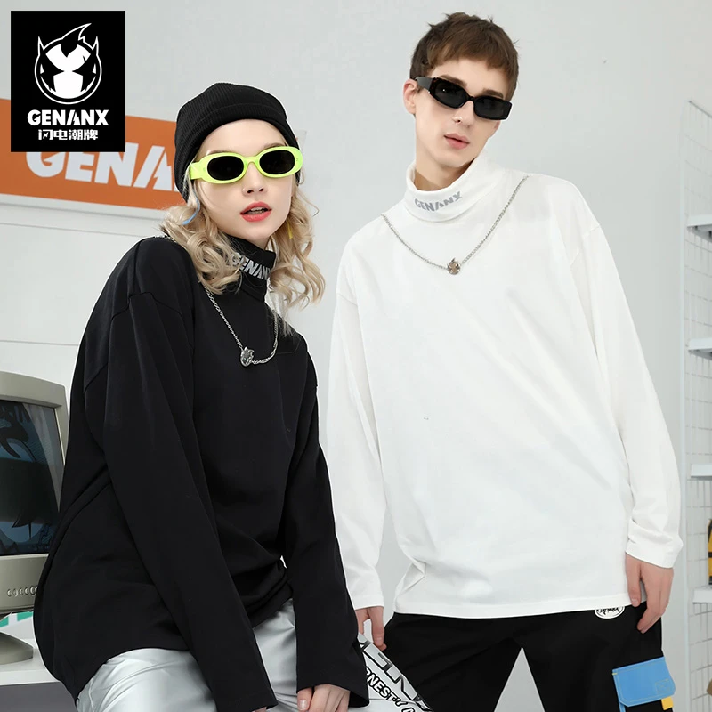 GENANX闪电潮牌闪电君可拆卸链条字母印花高领纯棉长袖T恤 CL080