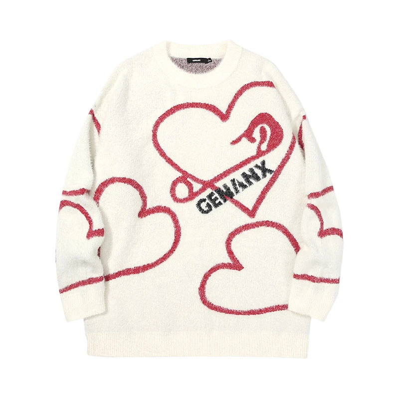 GENANX闪电潮牌爱心印花落肩袖套头宽松宽松白色毛衣针织衫潮