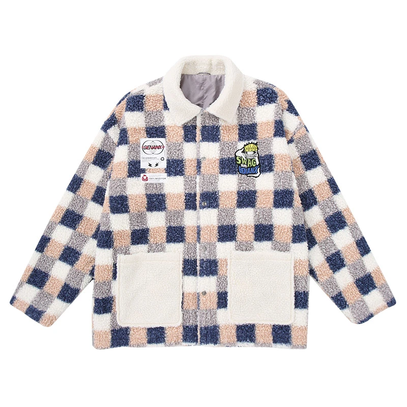 GENANX闪电潮牌拼色格纹闪电君绣花贴布泰迪绒口袋夹克外套