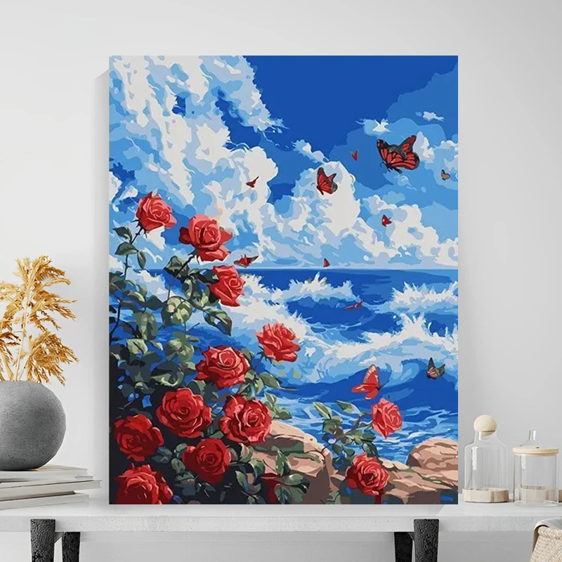 海边玫瑰数字油画diy手绘画落日玫瑰填色丙烯油彩涂色填充油画