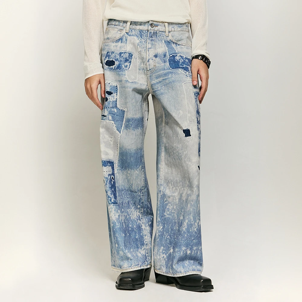 美式复古3D油画数码印花补丁牛仔裤小众设计bf慵懒风宽松阔腿裤子