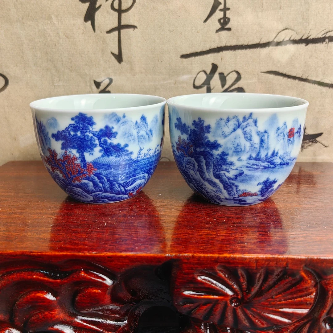 景德镇陶瓷青花釉里红山水清流胜境客杯60ml家用功夫茶茶具茶杯