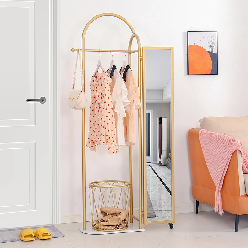 聚当当立式落地北欧简易多功能试衣镜挂衣架一体家用衣服收纳架