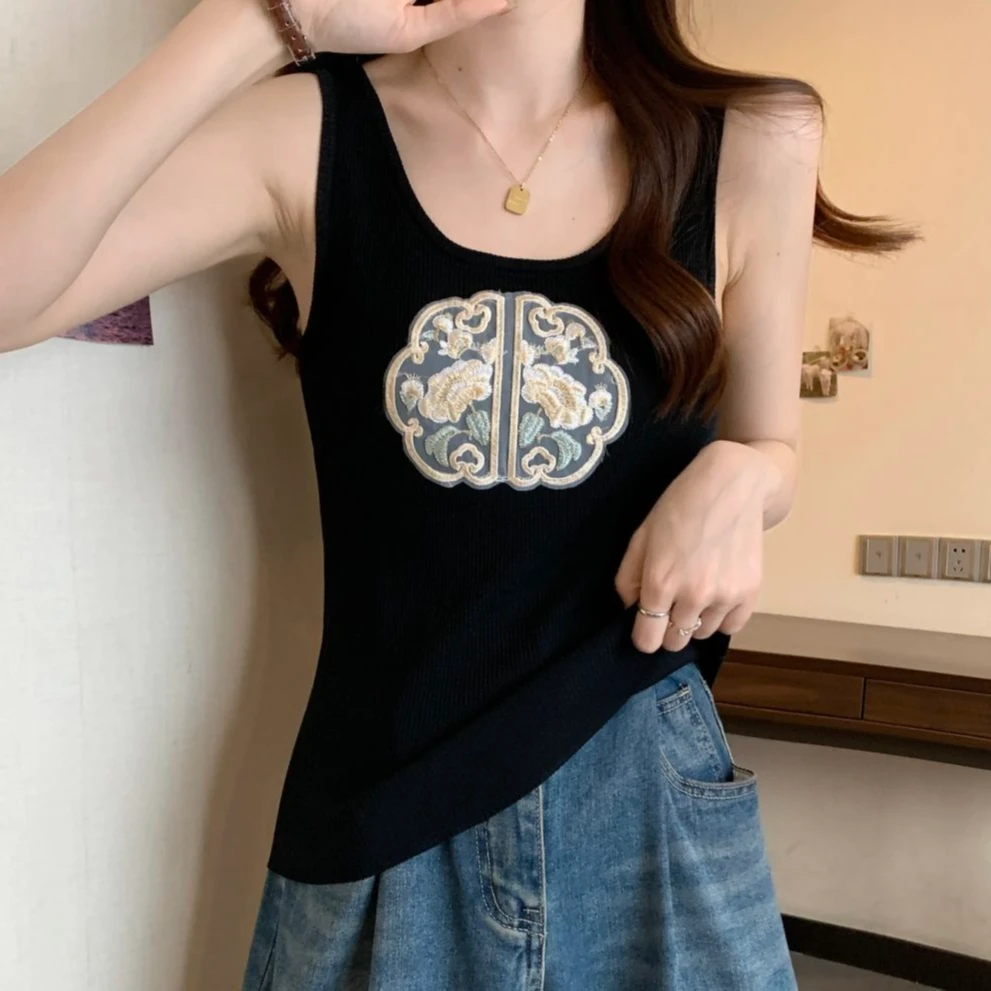 冰丝大码新中式打底背心女夏季外穿内搭胖mm显瘦修身刺绣背心上衣