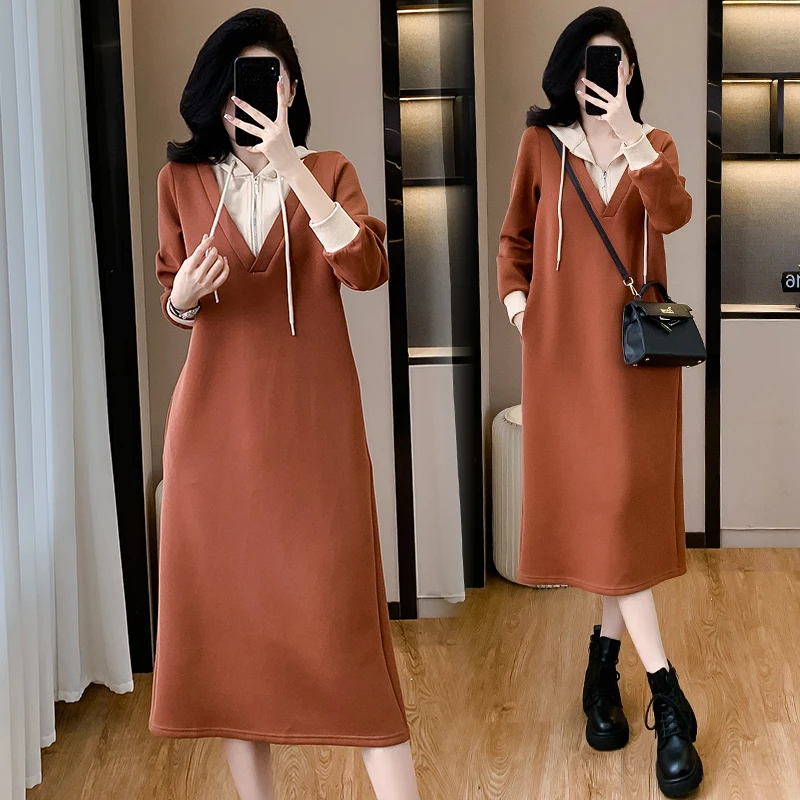 气质高端假两件连帽连衣裙显瘦2025新款大码时尚休闲长袖裙子百搭