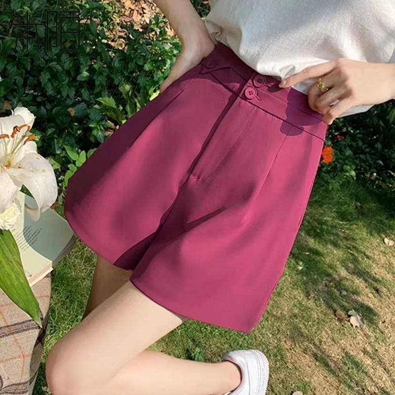 夏季薄款高腰A字短裤女装2025新款显瘦百搭玫红色西装阔腿裤子女