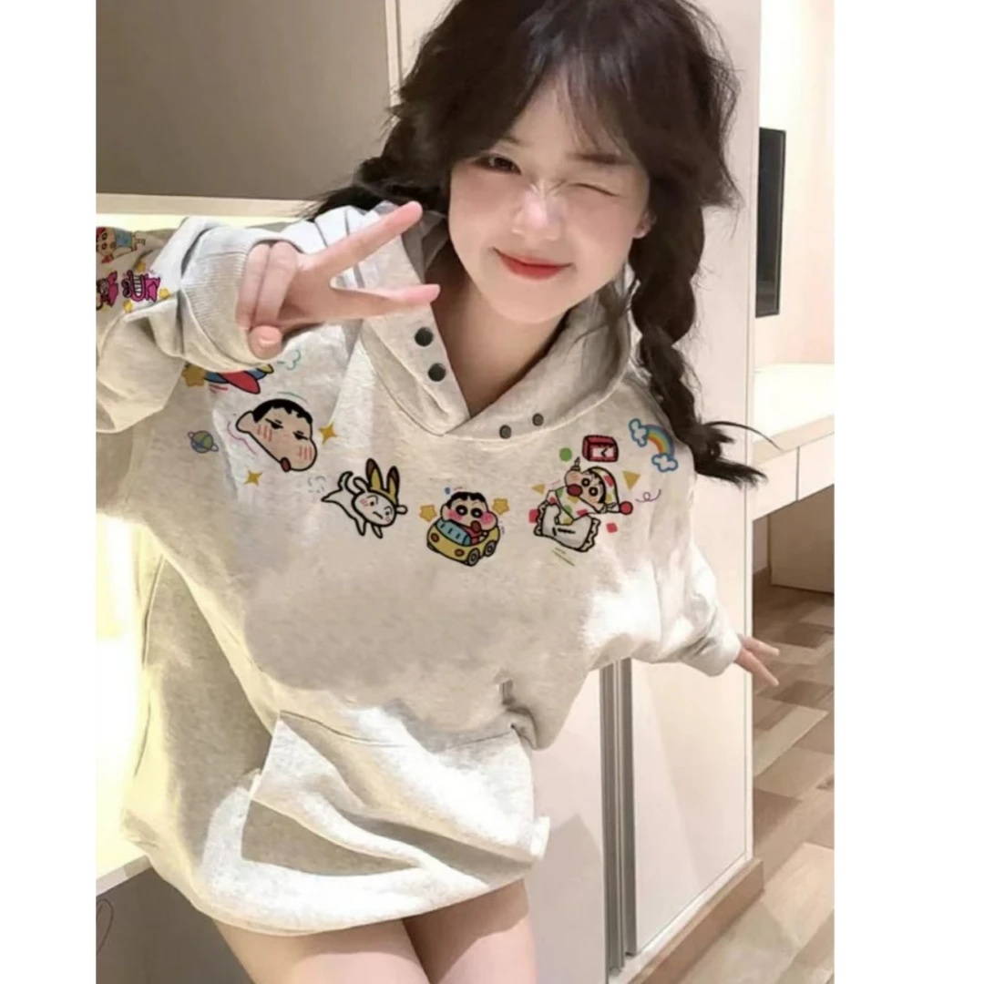 美式别致趣味刺绣白灰色重磅双纽扣连帽卫衣女秋冬银狐绒上衣外套