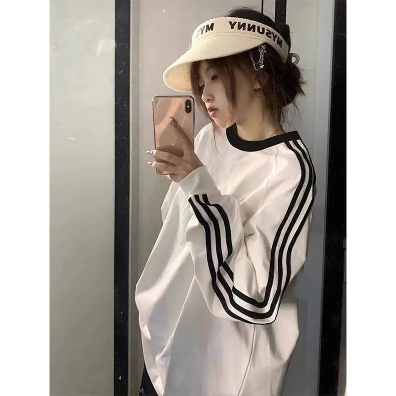 美式复古三条杆条纹圆领加绒卫衣男女2024年秋冬新款宽松上衣潮牌