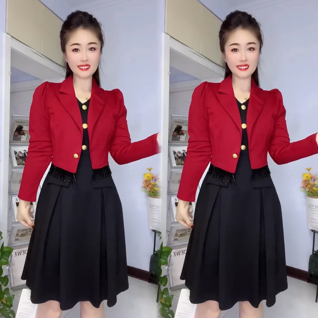 2025新款时尚套装女网红气质百搭短款流苏上衣十砍袖裙两件套套装