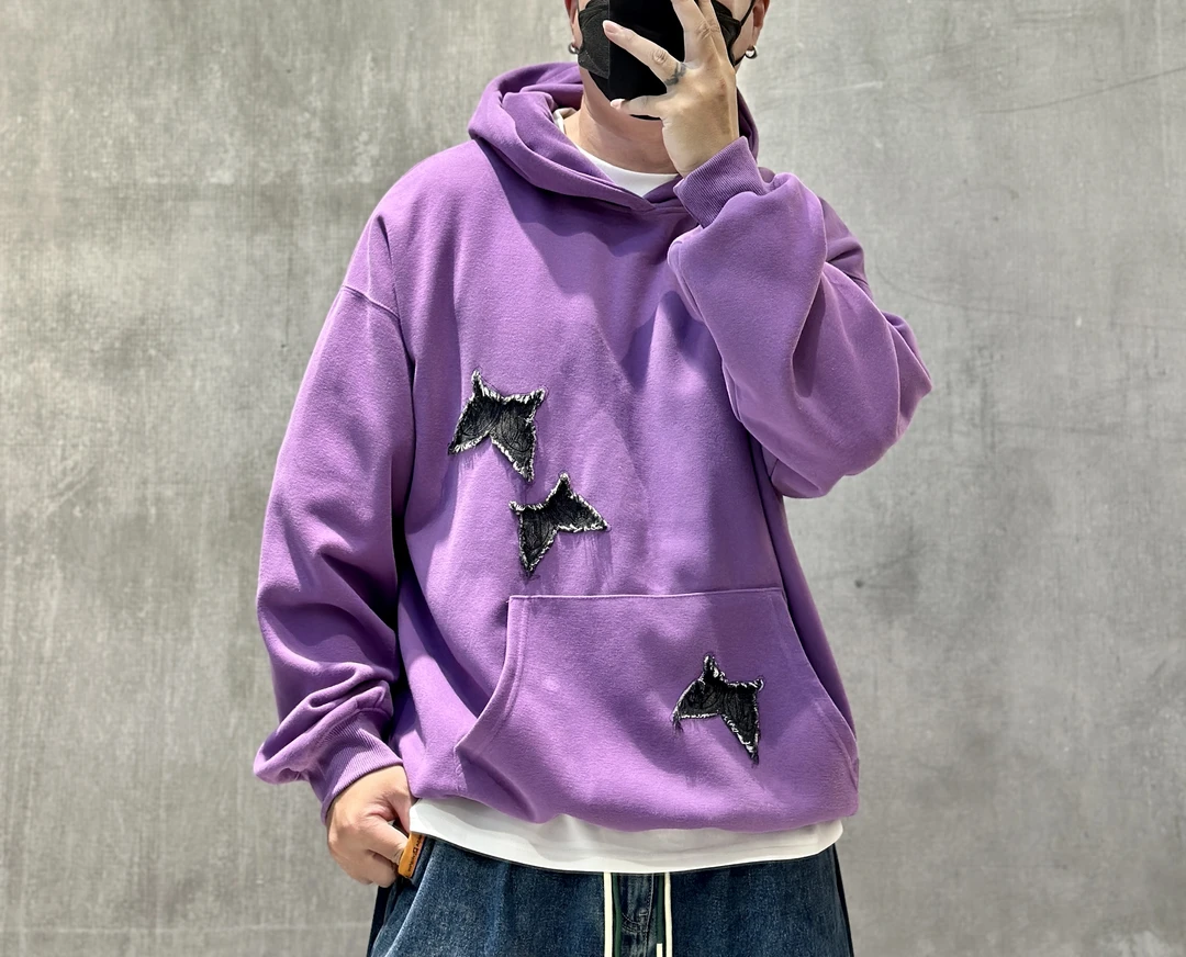 NICLASSY 400g 重磅潮牌 ins风 牛仔布绣 阔版宽松连帽卫衣