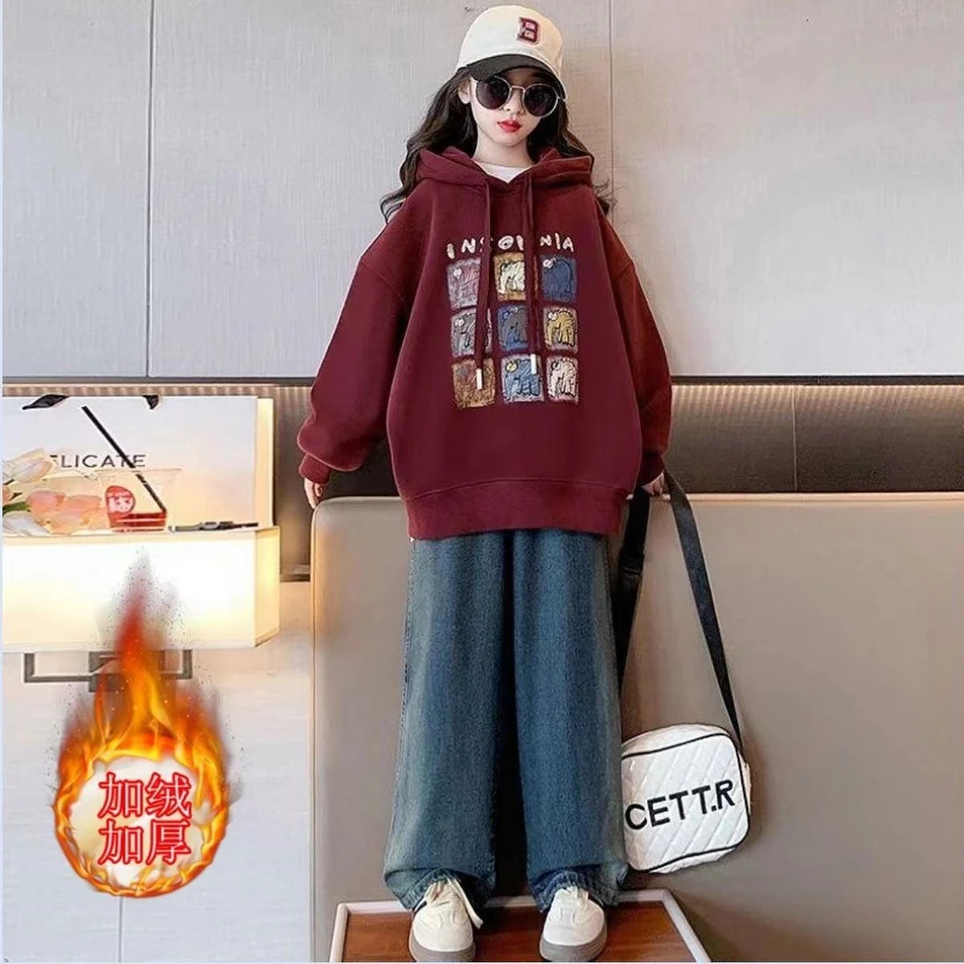 女童加绒卫衣秋冬2023新款洋气儿童中大童时髦加厚上衣童装潮