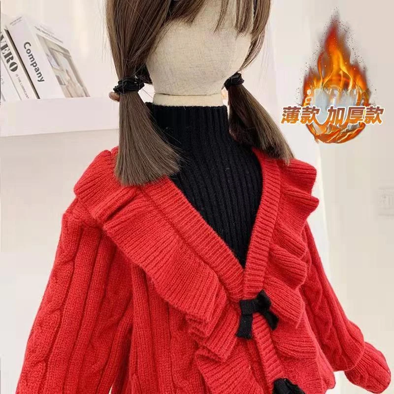 春秋冬女中大童加绒加厚蝴蝶结喇叭袖半高领拼接款假两女童针织衫