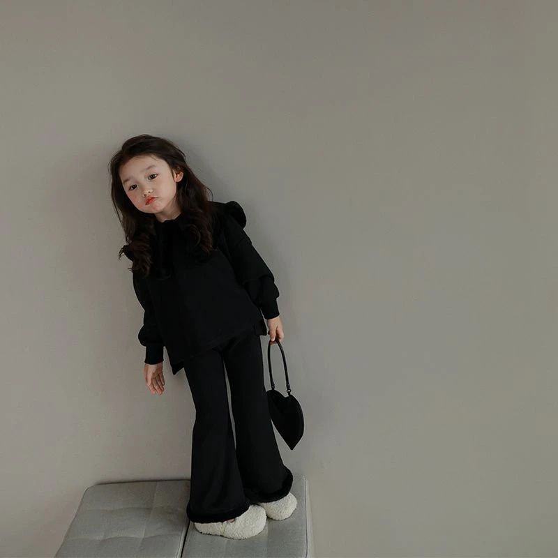 女童毛绒边大翻领纯色衬衫2023春季新款儿童宝宝个性喇叭裤套装
