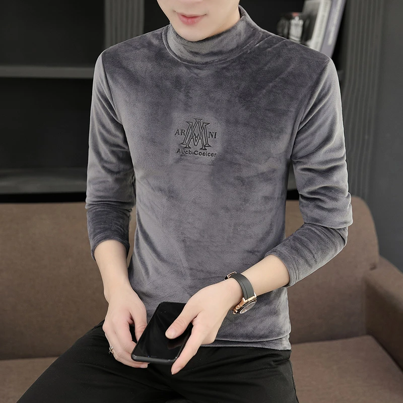 秋冬季男士双面绒内衣金丝绒保暖衣服男高领打底衫单件上衣冬装潮