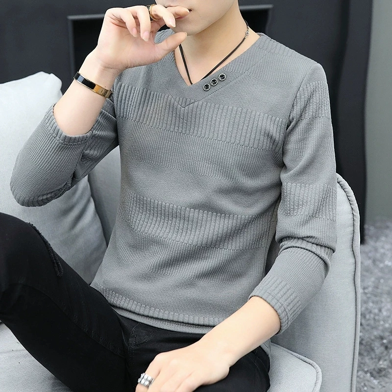 秋冬季男士长袖t恤潮流上衣服V领加绒卫衣打底衫秋衣外穿男装冬装