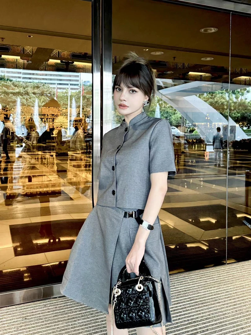 秋款复古高定摩登风优雅高级灰新中式单排扣套装