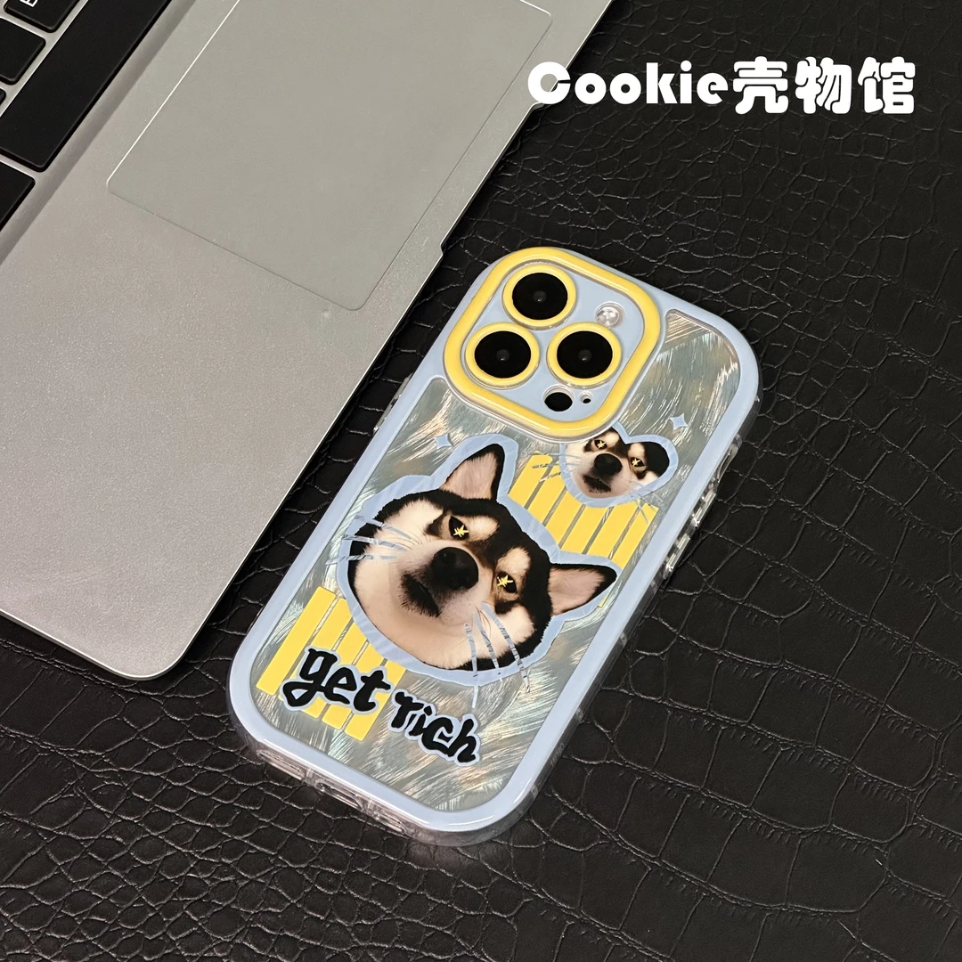 手机壳适用苹果16pro/15蓝黄金钱眼哈士奇萌宠创意高级奶油羽纱壳