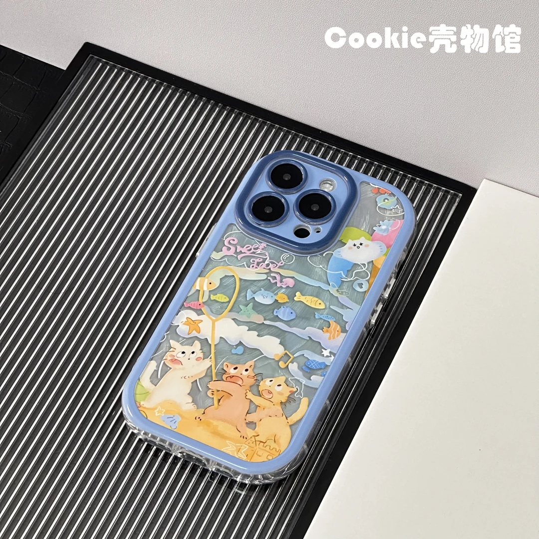 手机壳适用苹果15pro/14可爱捕鱼猫咪简约创意可爱防摔奶油羽纱壳