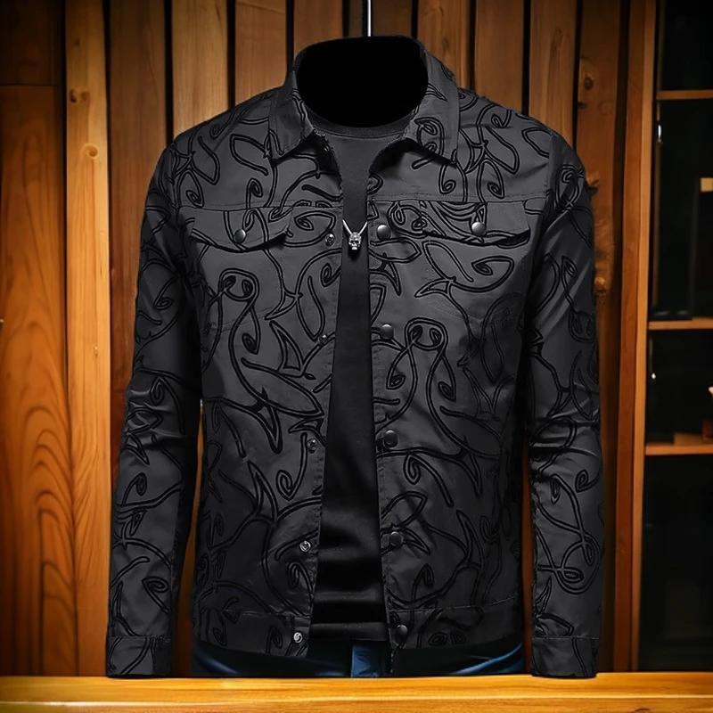 娜罗普西新款提花翻领夹克休闲外套男士欧洲站衣服修身上衣潮男装