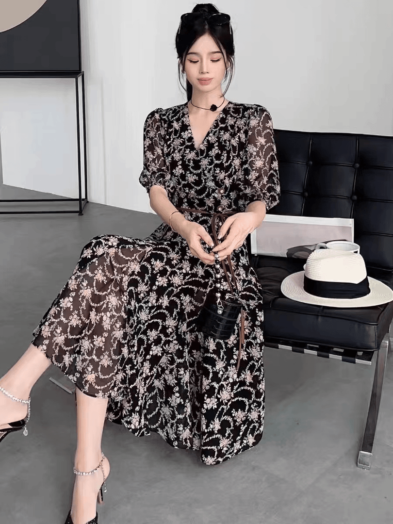 038显瘦碎花气质洋气时尚法式收腰女装连衣裙