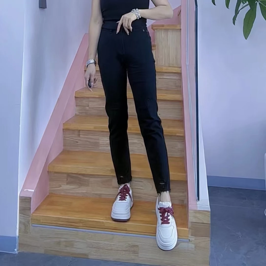 琦琦家2024新款百搭显瘦假破洞小烟管裤