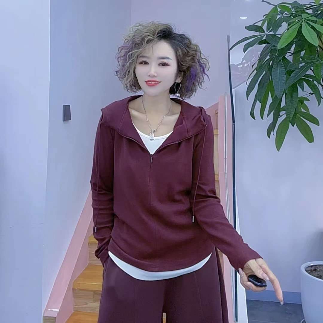 2024秋季显瘦休闲时尚个性假两件连帽套头卫衣