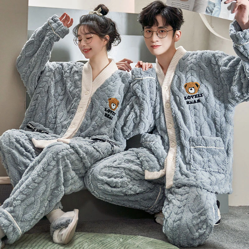 爆款情侣长毛绒睡衣冬季开衫加绒加厚保暖家居服套装宽松外穿防寒