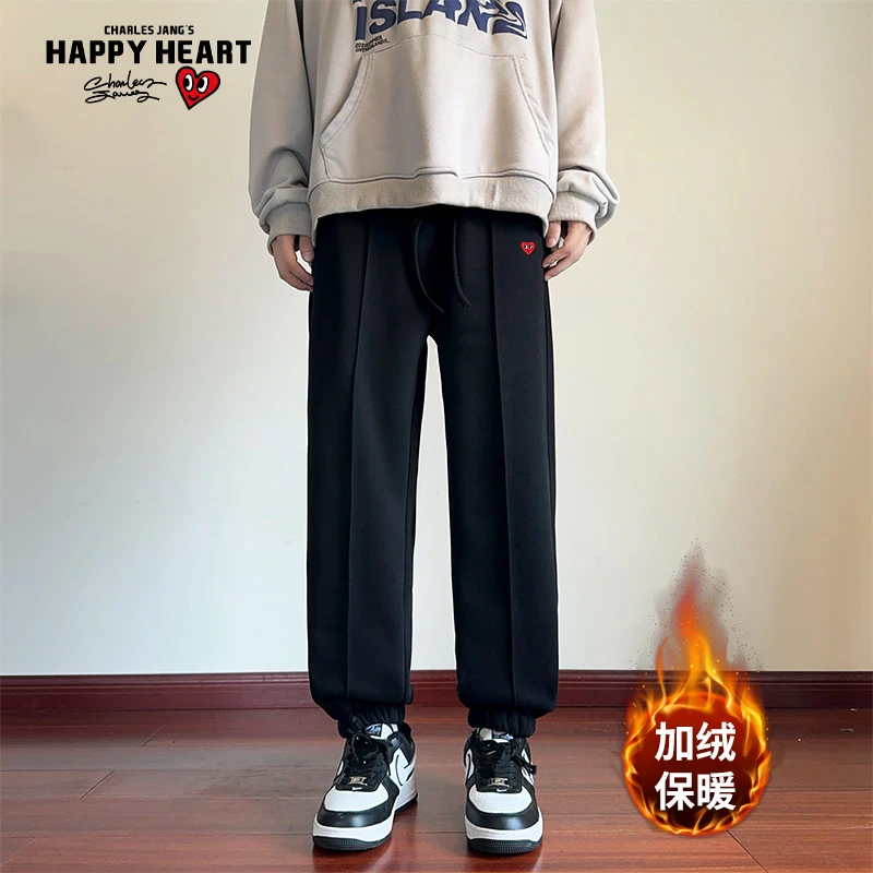 查尔斯桃心 加绒加厚休闲裤宽松百搭休闲简约束脚抽绳保暖潮流
