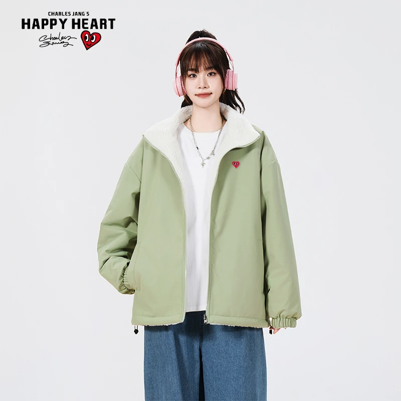 查尔斯桃心羊羔绒双面穿棉衣加绒棉服冬季男女同款宽松百搭-直营