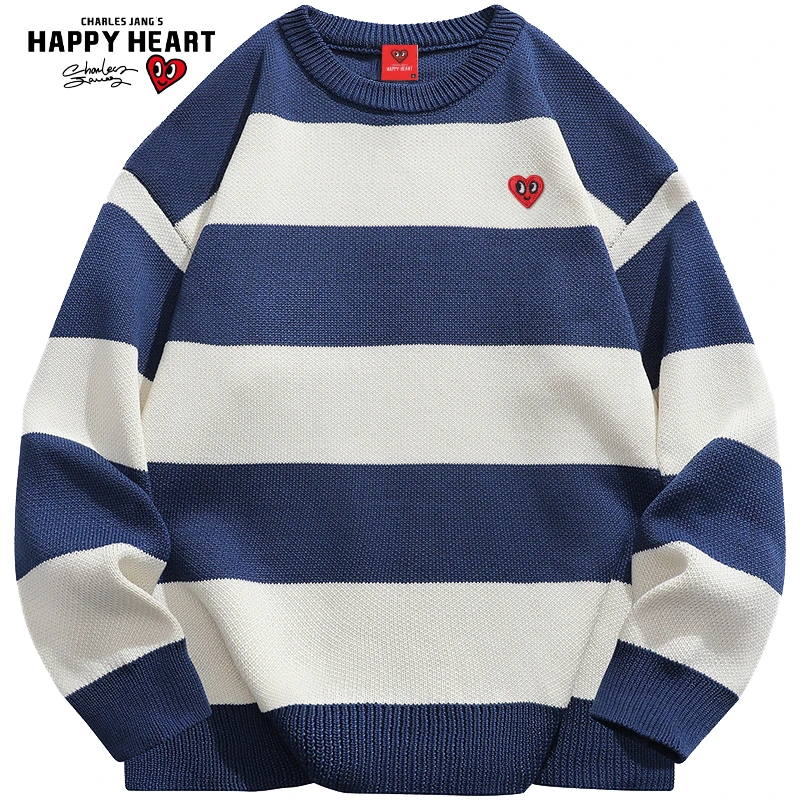 查尔斯桃心 圆领毛衣针织衫男女潮春秋冬季慵懒风条纹套头长袖