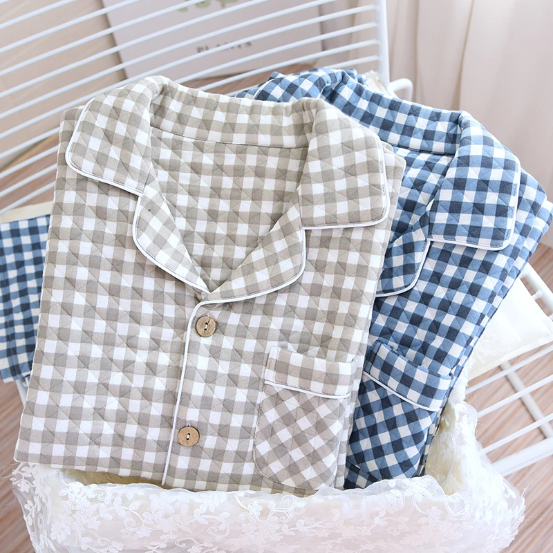 冬季加厚纯棉睡衣男士格子全棉三层休闲宽松长袖家居服套装开衫