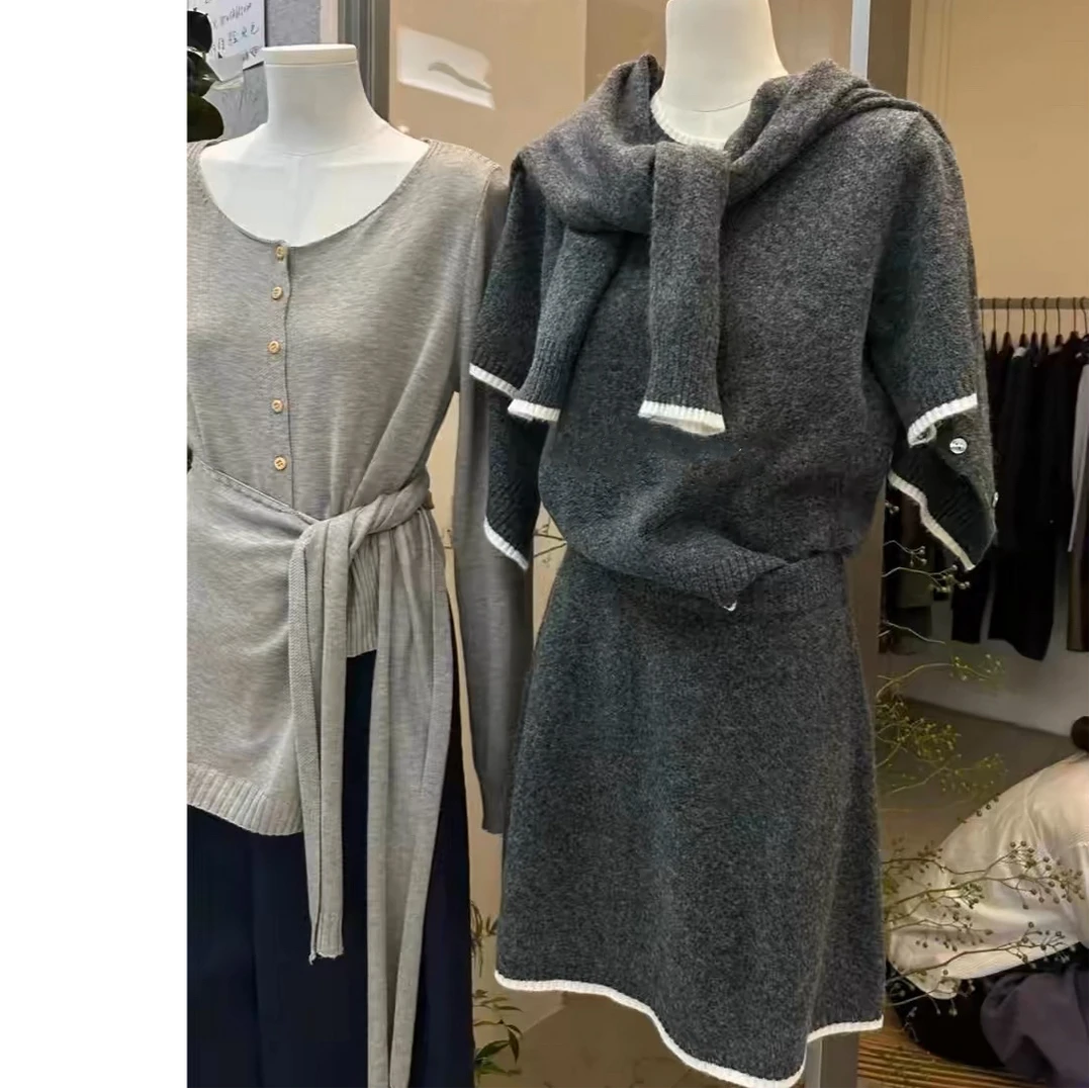 【禾嘉服饰】2024秋款韩式气质小香风针织三件套半裙短T长袖外套