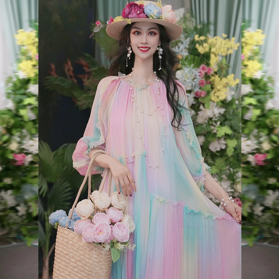 法式浪漫度假夏季桑蚕丝印花渐变气质宽松女装连衣裙241D239