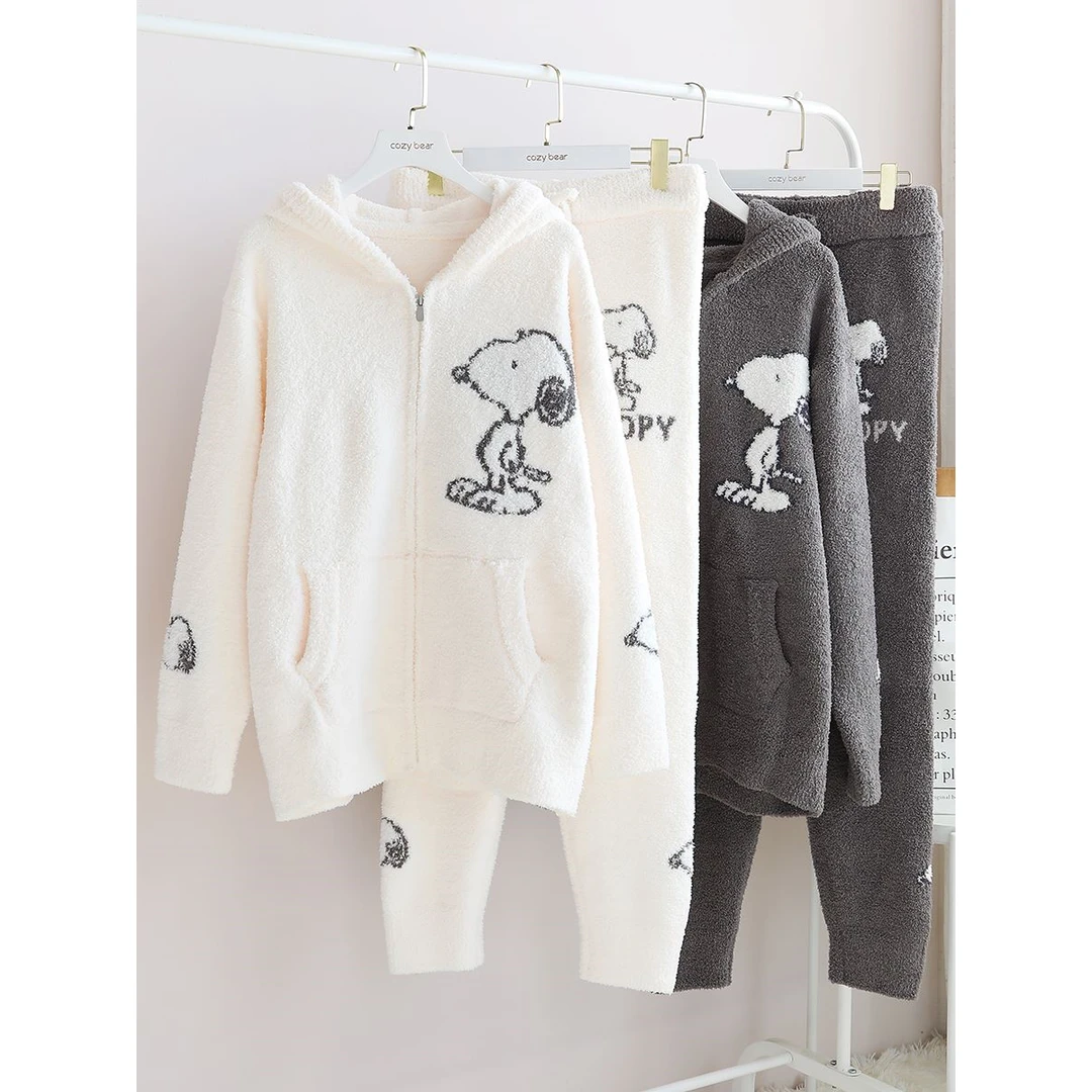 日本冬季软绵绵半边绒卡通连帽情侣家居服套装秋冬拉链款睡衣