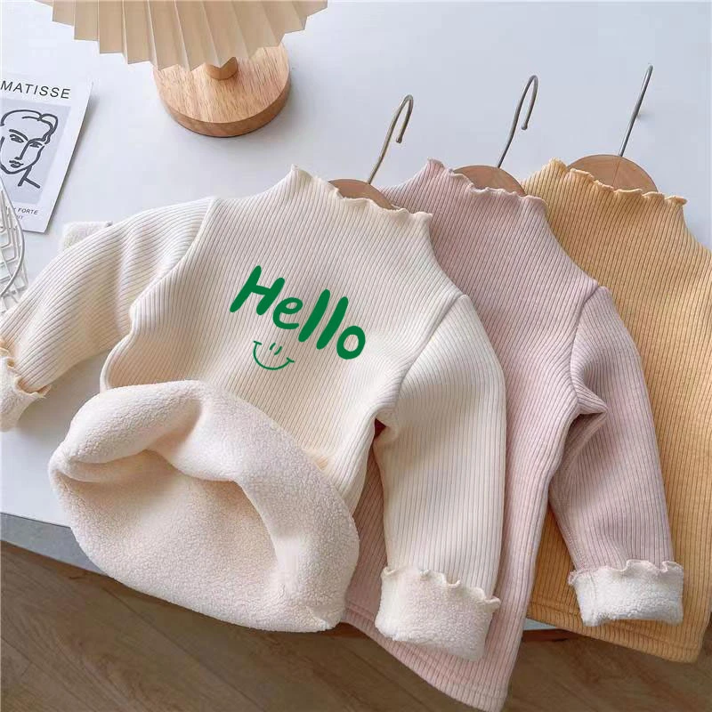 秋冬女童儿童上衣秋冬打底衫新款2024加绒加厚纯色半高领长袖T恤