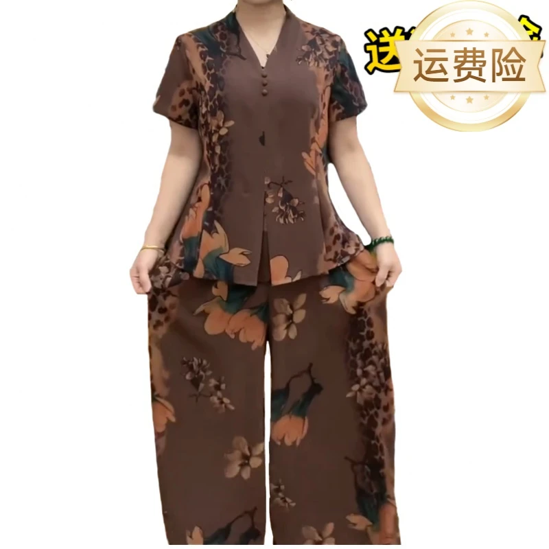H夏季爆款气质中老年妈妈复古民族宽松洋气遮肉上衣显瘦套装美得
