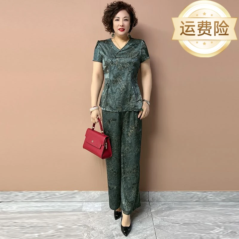 H夏季舒适高档桑蚕丝套装桑蚕丝两件套中老年妈妈时尚阔腿裤大码