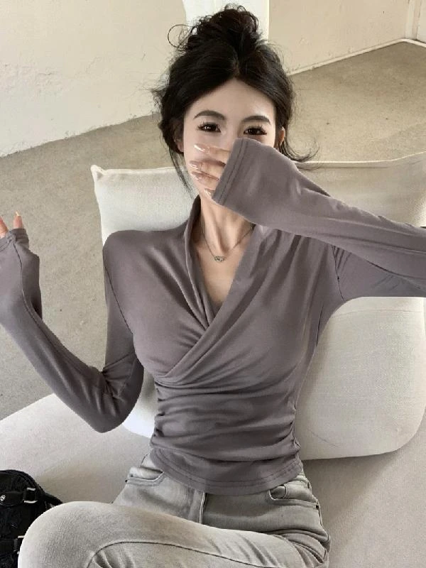 交叉v领打底衫长袖T恤女秋冬设计感小众修身内搭德绒保暖上衣褶皱