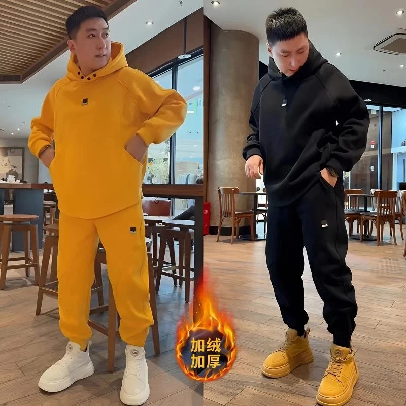 冬季新款男士纯色时尚连帽卫衣休闲百搭束脚裤潮流情侣款加绒套装