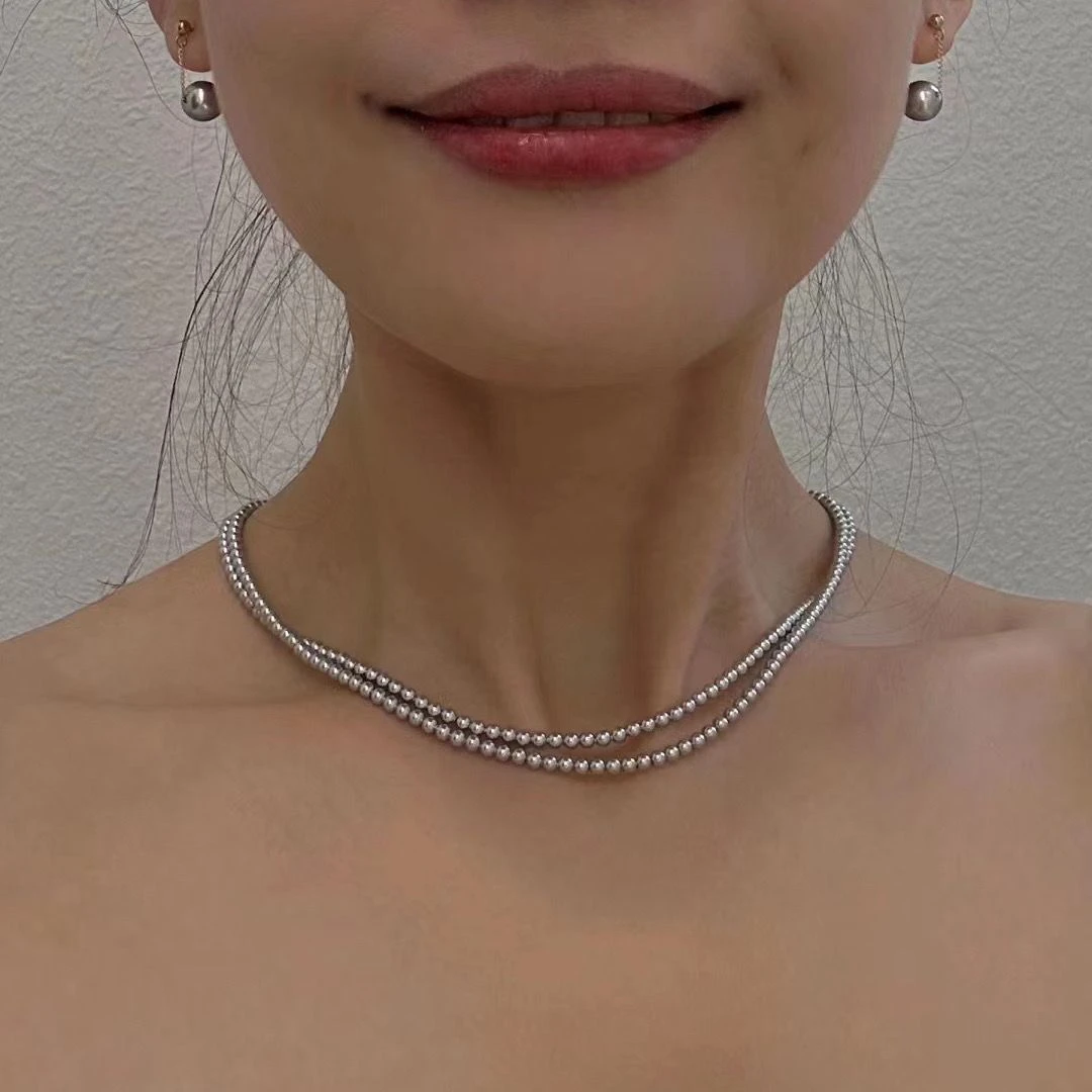 链子925银 纯银延长链银灰色施家小米珠项链强光正圆百搭轻奢高级