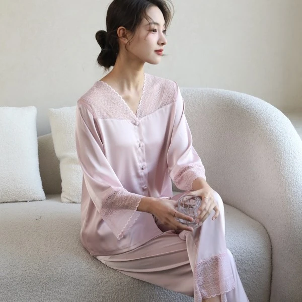 【美丽人生】蕾丝高级感休闲冰雪丝家居服韩版长袖轻奢睡衣套装